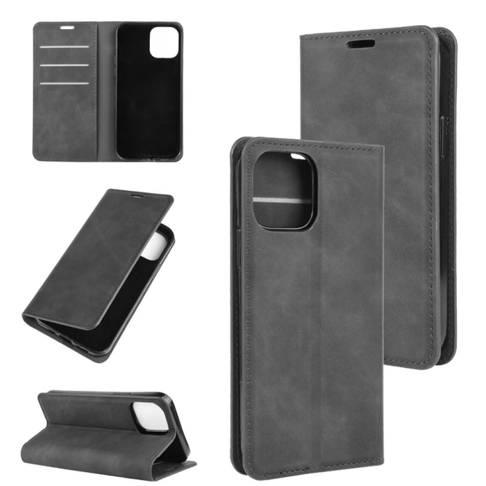 Para iPhone 12 6.1 pulgadas Retro-skin Business Funda de cuero con succión magnética con soporte y ranuras para tarjetas y billetera, For iPhone 12 / 12 Pro