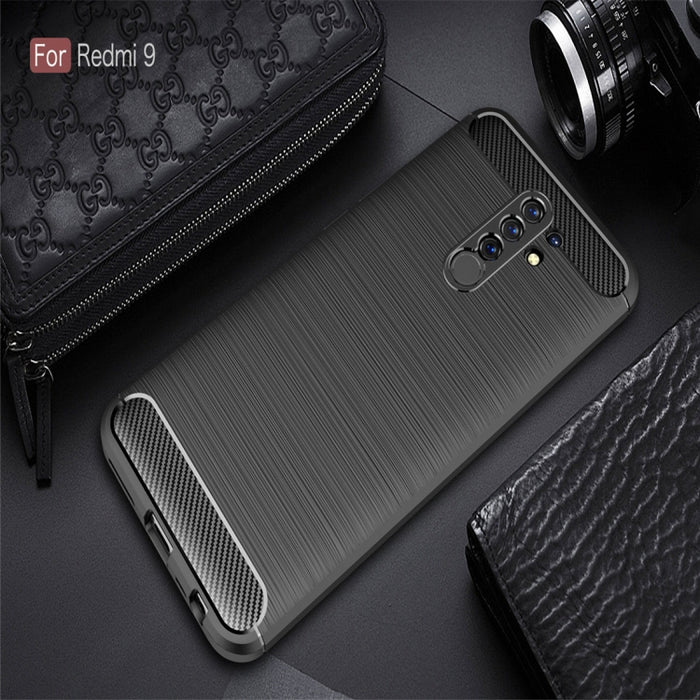Estuche de TPU de fibra de carbono con textura cepillada, For Xiaomi Redmi 9