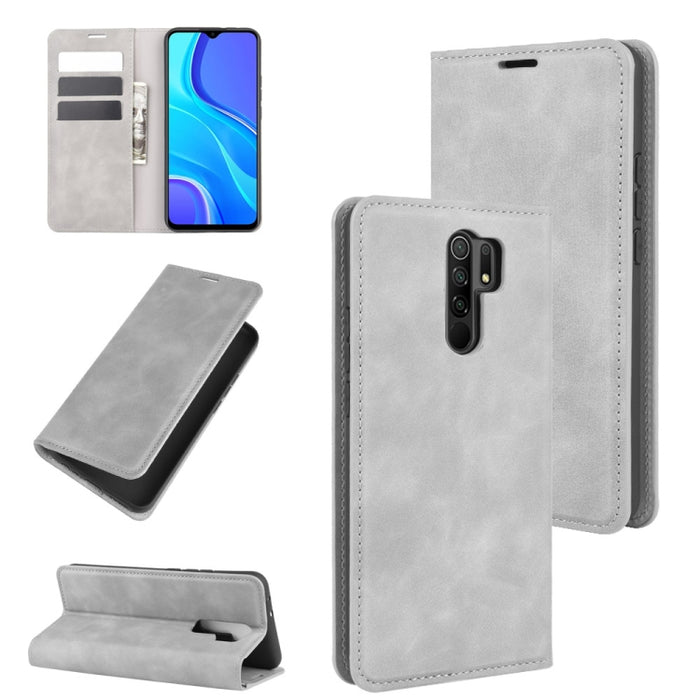 Para Xiaomi Redmi 9 Funda de cuero de succión magnética de negocios de piel retro con soporte y ranuras para tarjetas y billetera, For Xiaomi Redmi 9