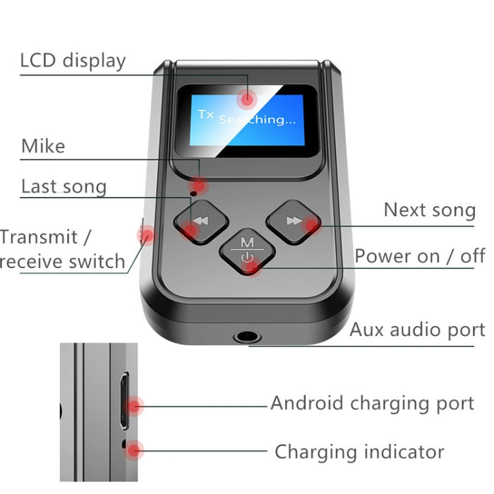 T15 2 en 1 Transmisor Receptor de Música Bluetooth 5.0 con Pantalla