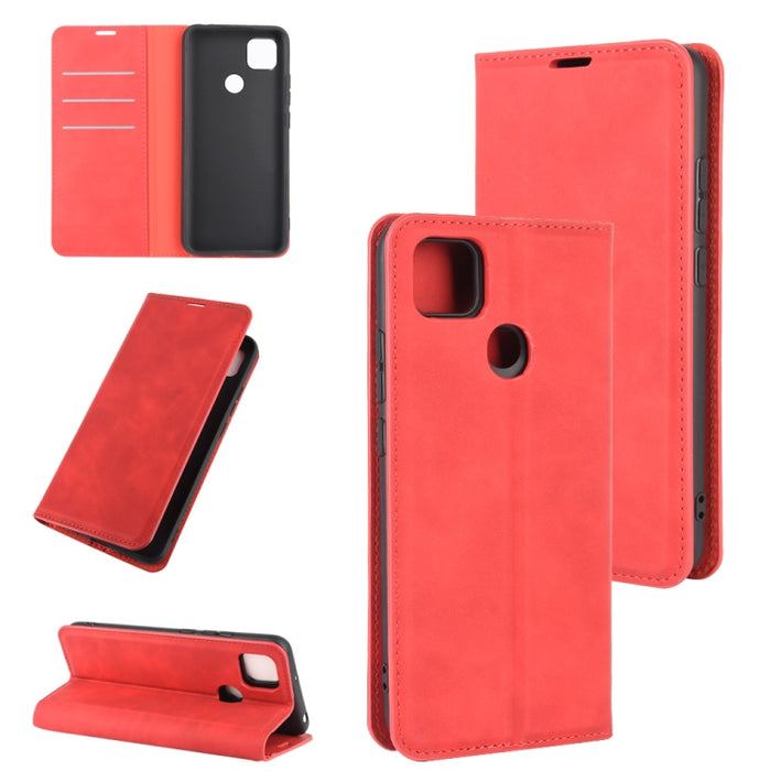 Para Xiaomi Redmi 9C Estuche de cuero con succión magnética de negocios de piel retro con soporte, ranuras para tarjetas y billetera, For Redmi 9C