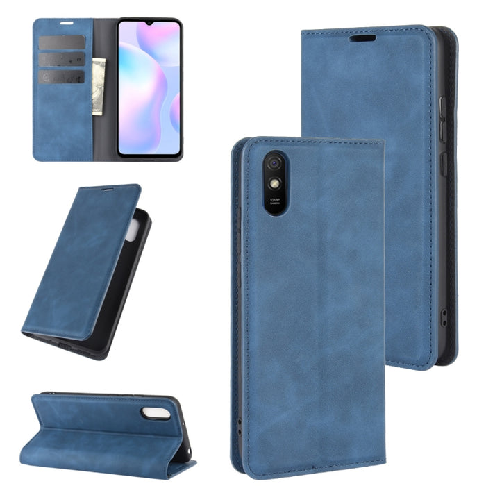 Para Xiaomi Redmi 9A Estuche de cuero con succión magnética de negocios de piel retro con soporte, ranuras para tarjetas y billetera, For Redmi 9A