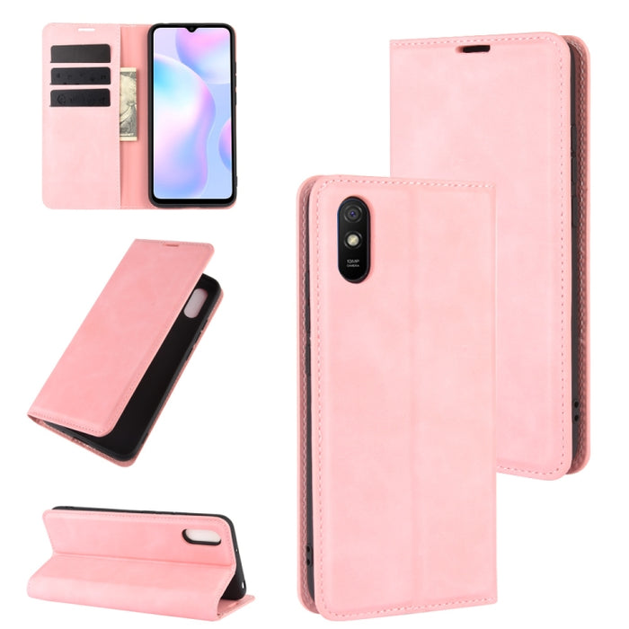 Para Xiaomi Redmi 9A Estuche de cuero con succión magnética de negocios de piel retro con soporte, ranuras para tarjetas y billetera, For Redmi 9A