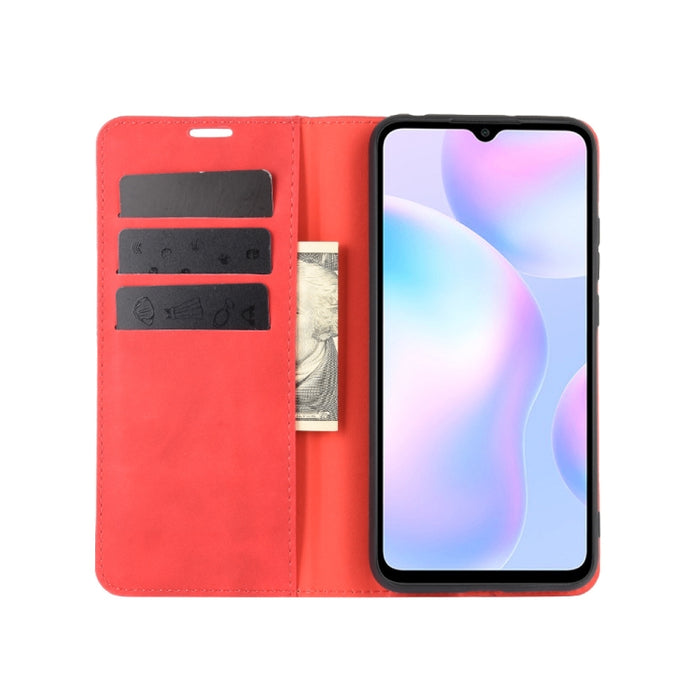 Para Xiaomi Redmi 9A Estuche de cuero con succión magnética de negocios de piel retro con soporte, ranuras para tarjetas y billetera, For Redmi 9A