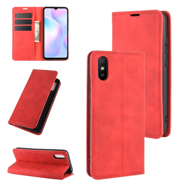 Para Xiaomi Redmi 9A Estuche de cuero con succión magnética de negocios de piel retro con soporte, ranuras para tarjetas y billetera, For Redmi 9A