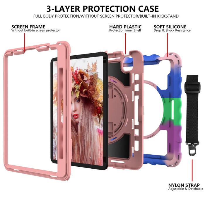Para iPad Air 4 / 10.8 pulgadas (2020) Rotación de 360 grados PC + Estuche combinado de silicona a prueba de golpes con soporte y correa de mano y correa para el cuello y soporte para ranura para bolígrafo, For iPad Air 2022 / 2020 10.9