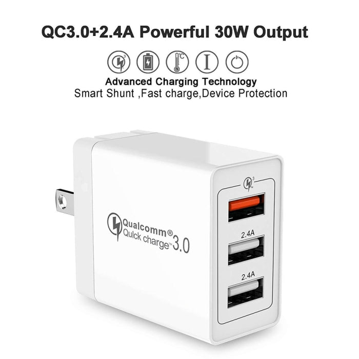 SDC-30W Cable de datos USB 2 en 1 a 8 pines + 30W QC 3.0 USB + 2.4A Puertos USB 2.0 duales Teléfono móvil Tableta PC Cargador rápido universal Juego de cargador de viaje, enchufe de EE. UU.