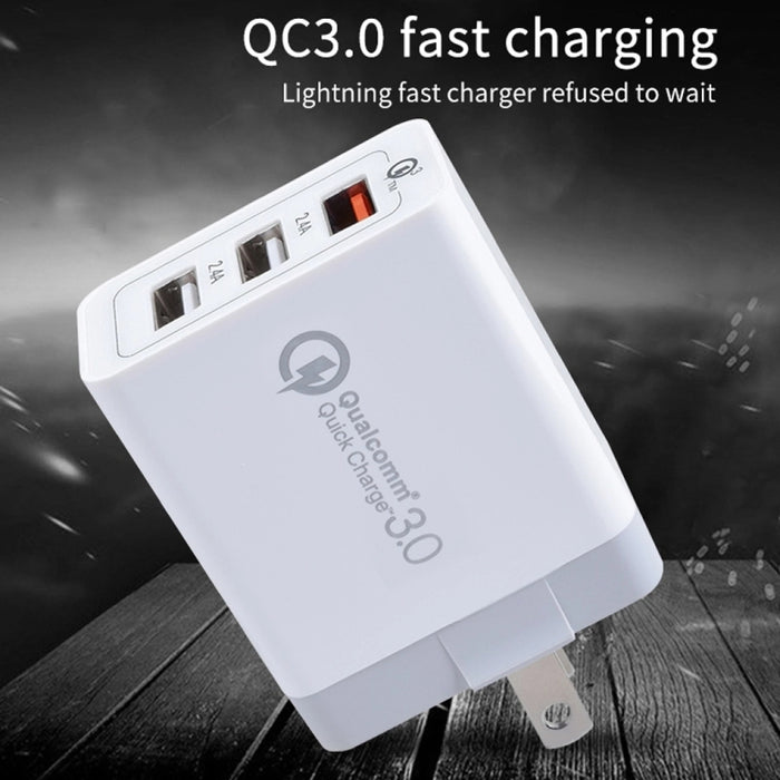 SDC-30W Cable de datos USB 2 en 1 a 8 pines + 30W QC 3.0 USB + 2.4A Puertos USB 2.0 duales Teléfono móvil Tableta PC Cargador rápido universal Juego de cargador de viaje, enchufe de EE. UU.