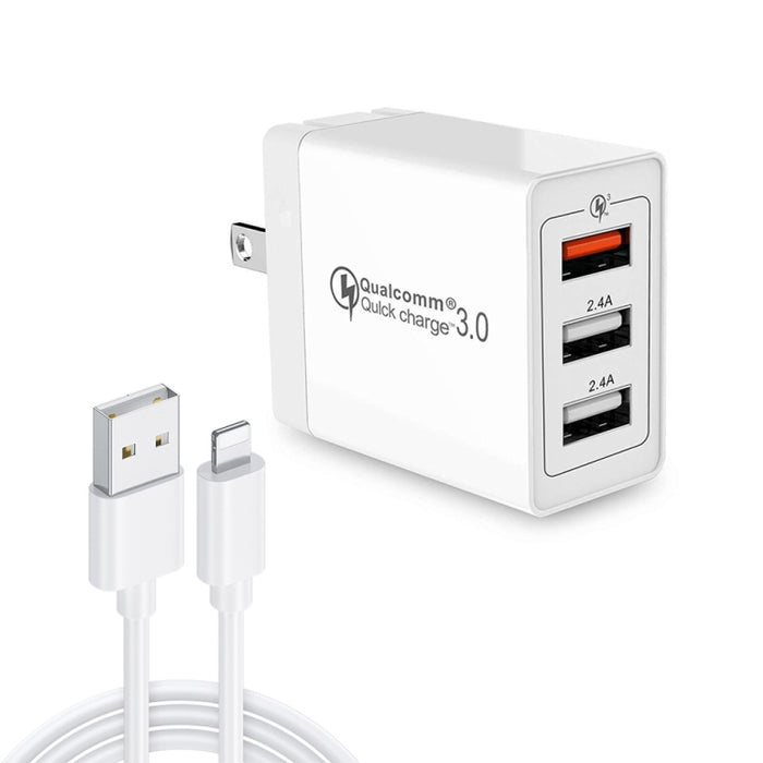 SDC-30W Cable de datos USB 2 en 1 a 8 pines + 30W QC 3.0 USB + 2.4A Puertos USB 2.0 duales Teléfono móvil Tableta PC Cargador rápido universal Juego de cargador de viaje, enchufe de EE. UU.