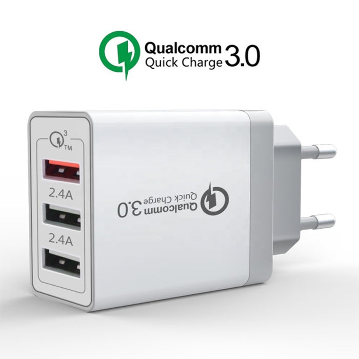 SDC-30W Cable de datos USB 2 en 1 a 8 pines + 30W QC 3.0 USB + 2.4A Puertos USB 2.0 duales Teléfono móvil Tableta PC Cargador rápido universal Juego de cargador de viaje, enchufe de la UE