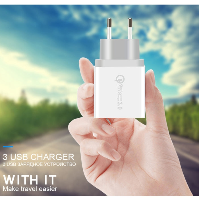 SDC-30W Cable de datos USB 2 en 1 a 8 pines + 30W QC 3.0 USB + 2.4A Puertos USB 2.0 duales Teléfono móvil Tableta PC Cargador rápido universal Juego de cargador de viaje, enchufe de la UE