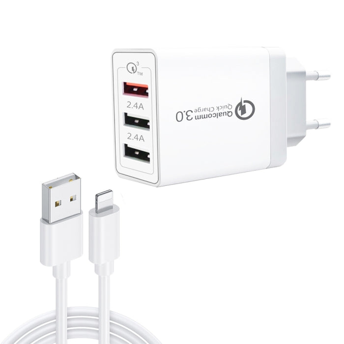 SDC-30W Cable de datos USB 2 en 1 a 8 pines + 30W QC 3.0 USB + 2.4A Puertos USB 2.0 duales Teléfono móvil Tableta PC Cargador rápido universal Juego de cargador de viaje, enchufe de la UE