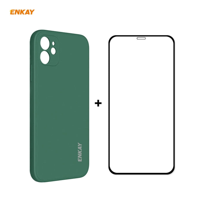 Para iPhone 12 Hat-Prince ENKAY ENK-PC0682 Funda de silicona líquida con borde recto a prueba de golpes + 0.26mm 9H 2.5D Pegamento completo Película de vidrio templado, For iPhone 12