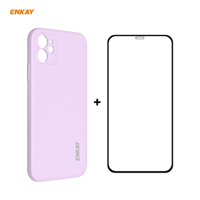 Para iPhone 12 Hat-Prince ENKAY ENK-PC0682 Funda de silicona líquida con borde recto a prueba de golpes + 0.26mm 9H 2.5D Pegamento completo Película de vidrio templado, For iPhone 12