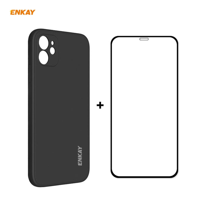 Para iPhone 12 Hat-Prince ENKAY ENK-PC0682 Funda de silicona líquida con borde recto a prueba de golpes + 0.26mm 9H 2.5D Pegamento completo Película de vidrio templado, For iPhone 12