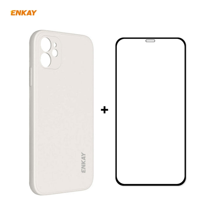 Para iPhone 12 Hat-Prince ENKAY ENK-PC0682 Funda de silicona líquida con borde recto a prueba de golpes + 0.26mm 9H 2.5D Pegamento completo Película de vidrio templado, For iPhone 12
