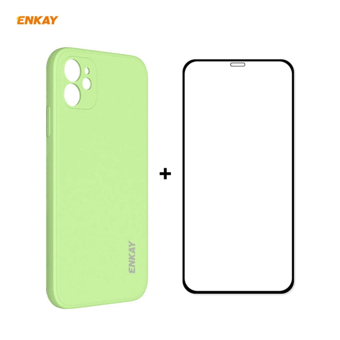 Para iPhone 12 Hat-Prince ENKAY ENK-PC0682 Funda de silicona líquida con borde recto a prueba de golpes + 0.26mm 9H 2.5D Pegamento completo Película de vidrio templado, For iPhone 12
