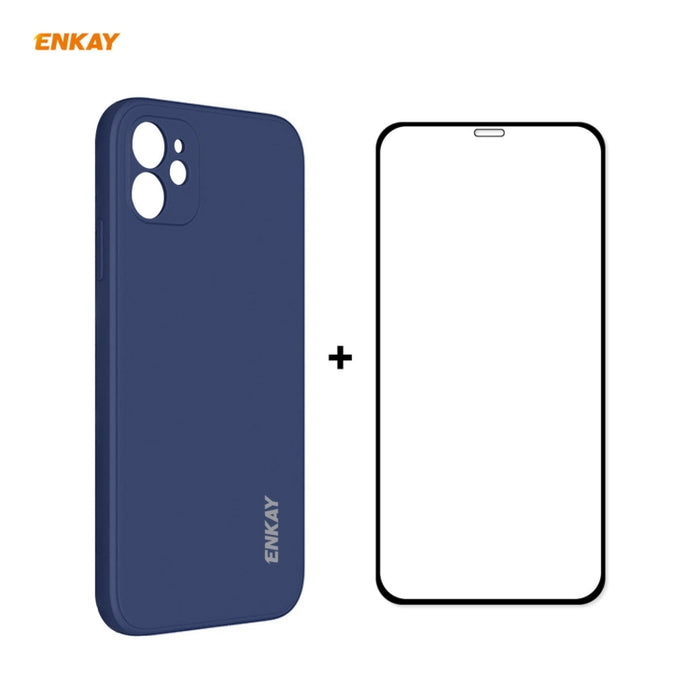 Para iPhone 12 Hat-Prince ENKAY ENK-PC0682 Funda de silicona líquida con borde recto a prueba de golpes + 0.26mm 9H 2.5D Pegamento completo Película de vidrio templado, For iPhone 12