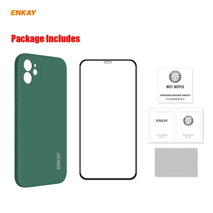 Para iPhone 12 Hat-Prince ENKAY ENK-PC0682 Funda de silicona líquida con borde recto a prueba de golpes + 0.26mm 9H 2.5D Pegamento completo Película de vidrio templado, For iPhone 12