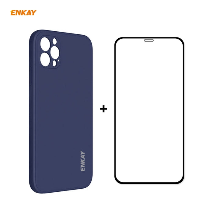 Para iPhone 12 Pro Hat-Prince ENKAY ENK-PC0692 Funda de silicona líquida con borde recto a prueba de golpes + 0.26mm 9H 2.5D Pegamento completo Película de vidrio templado, For iPhone 12 Pro