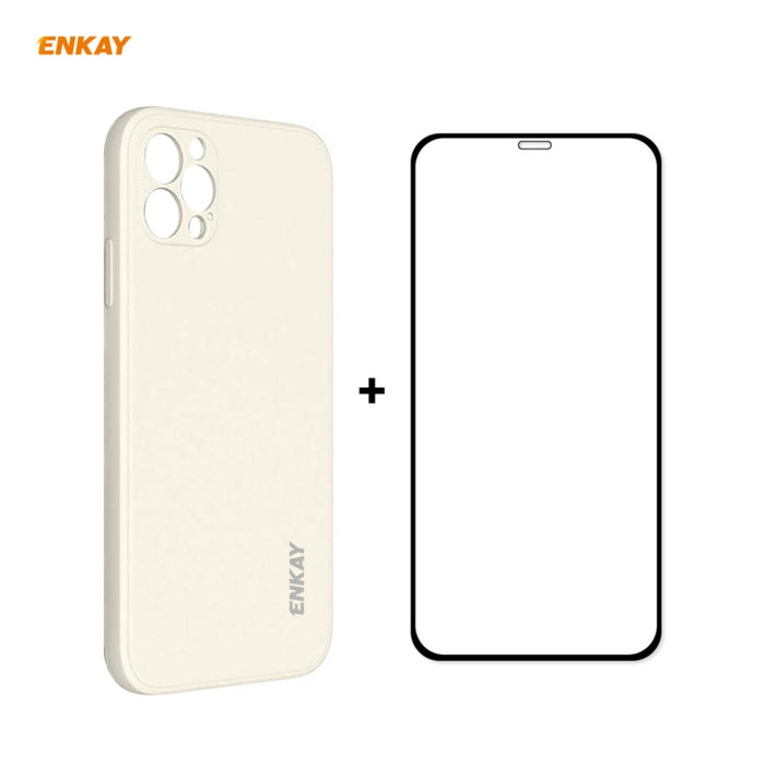 Para iPhone 12 Pro Hat-Prince ENKAY ENK-PC0702 Funda de silicona líquida con borde recto a prueba de golpes + 0.26mm 9H 2.5D Pegamento completo Película de vidrio templado, For iPhone 12 Pro Max