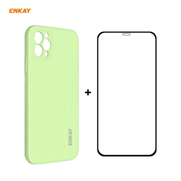 Para iPhone 12 Pro Hat-Prince ENKAY ENK-PC0702 Funda de silicona líquida con borde recto a prueba de golpes + 0.26mm 9H 2.5D Pegamento completo Película de vidrio templado, For iPhone 12 Pro Max