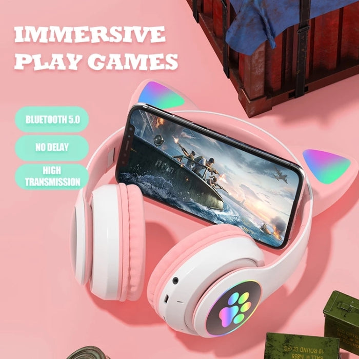 TN-28 3.5mm Bluetooth 5.0 Conexión dual RGB Cat Ear Bass Auriculares estéreo con cancelación de ruido Compatible con tarjeta TF con micrófono
