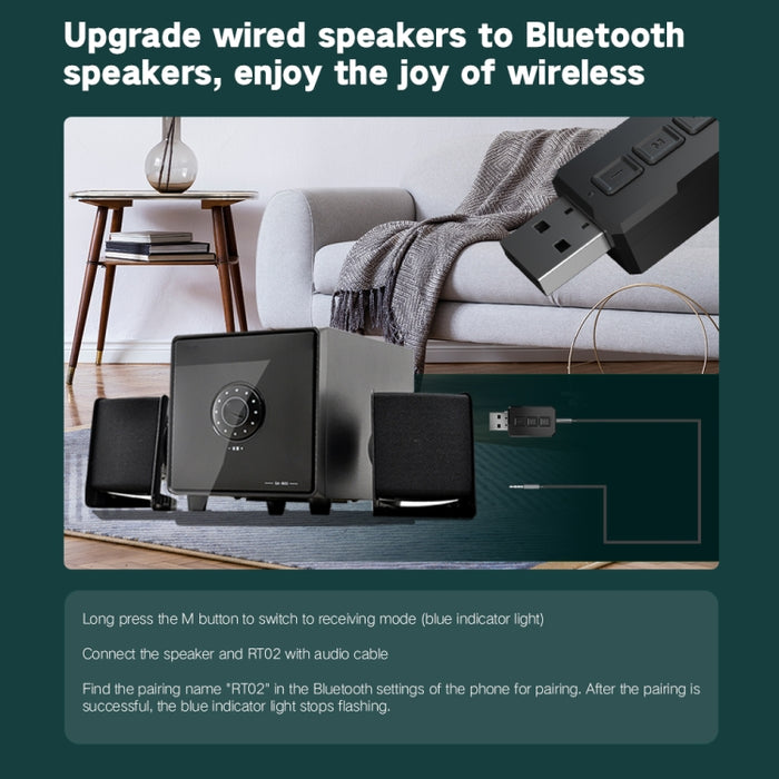 Adaptador de Audio Bluetooth USB RT02 recibe y transmite receptor Bluetooth 2 en 1 Bluetooth 5,0 manos libres para coche