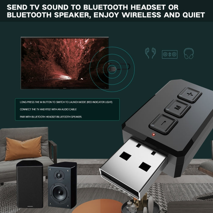 Adaptador de Audio Bluetooth USB RT02 recibe y transmite receptor Bluetooth 2 en 1 Bluetooth 5,0 manos libres para coche