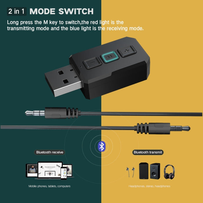 Adaptador de Audio Bluetooth USB RT02 recibe y transmite receptor Bluetooth 2 en 1 Bluetooth 5,0 manos libres para coche