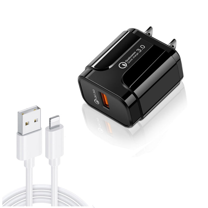 Cargador de viaje portátil USB LZ-023 18W QC 3.0 + 3A USB a cable de datos de 8 pines, enchufe de EE. UU., USB to 8 Pin Data Cable, US Plug, 8 Pin Data Cable, US Plug