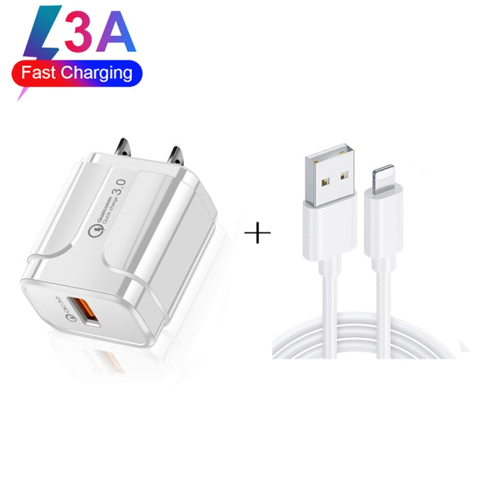 Cargador de viaje portátil USB LZ-023 18W QC 3.0 + 3A USB a cable de datos de 8 pines, enchufe de EE. UU., USB to 8 Pin Data Cable, US Plug, 8 Pin Data Cable, US Plug