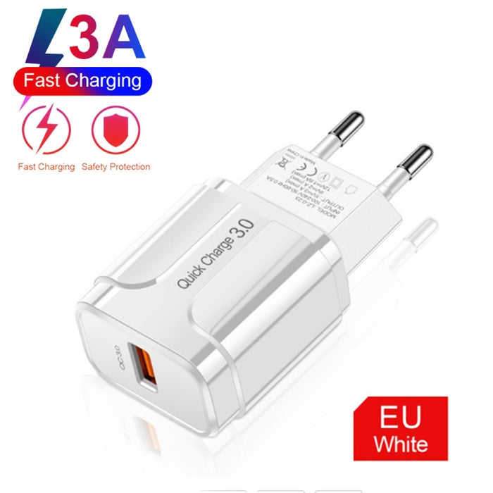 Cargador de viaje portátil USB LZ-023 18W QC 3.0 + 3A USB a cable de datos de 8 pines, enchufe de la UE, 8 Pin Data Cable, EU Plug