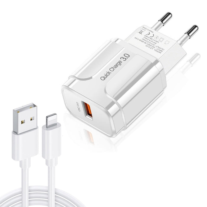 Cargador de viaje portátil USB LZ-023 18W QC 3.0 + 3A USB a cable de datos de 8 pines, enchufe de la UE, 8 Pin Data Cable, EU Plug