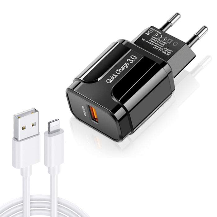 Cargador de viaje portátil USB LZ-023 18W QC 3.0 + 3A USB a cable de datos de 8 pines, enchufe de la UE, 8 Pin Data Cable, EU Plug