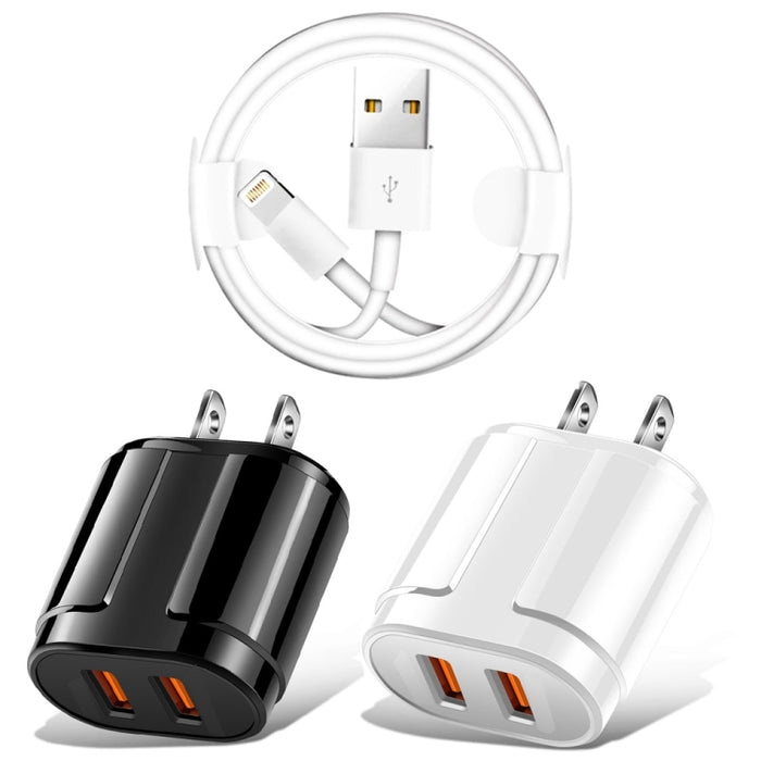 Cargador de viaje portátil USB doble + cable de datos USB de 1 metro a 8 pines, enchufe de EE. UU.
