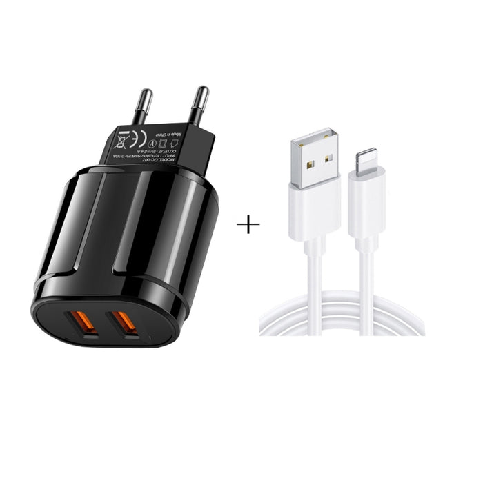 Cargador de viaje portátil USB dual + cable de datos USB de 1 metro a 8 pines, enchufe de la UE