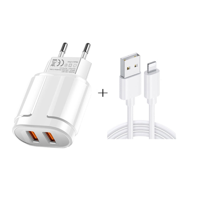 Cargador de viaje portátil USB dual + cable de datos USB de 1 metro a 8 pines, enchufe de la UE