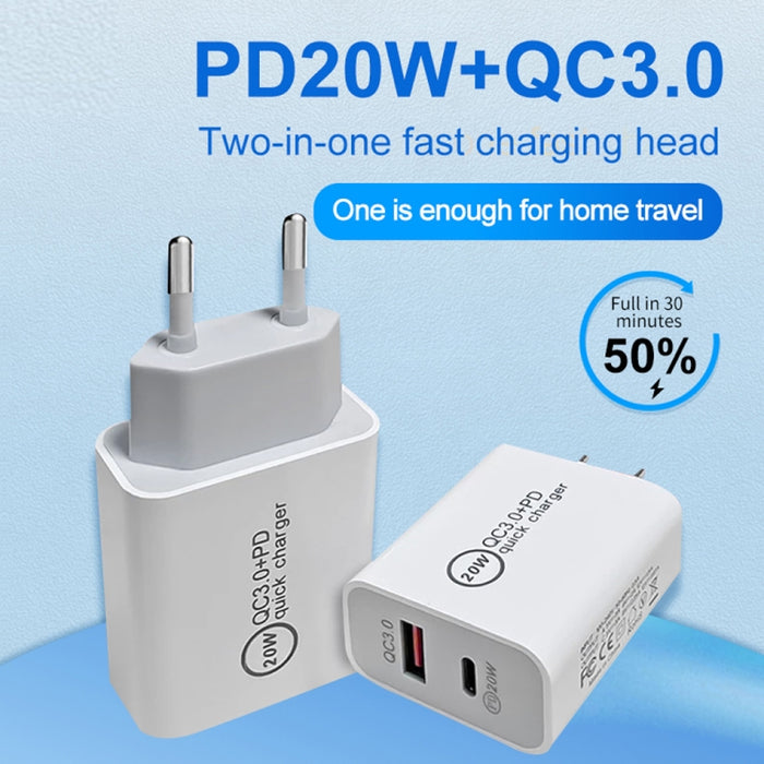 20W PD Type-C + QC 3.0 Interfaz USB Cargador de viaje de carga rápida con USB a cable de datos de carga rápida de 8 pines, EU Plug, US Plug, AU Plug