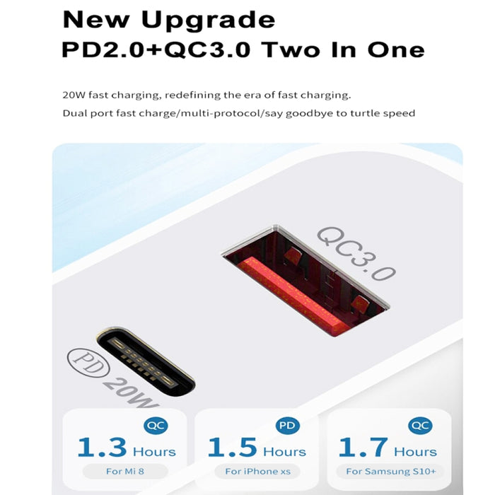 20W PD Type-C + QC 3.0 Interfaz USB Cargador de viaje de carga rápida con USB a cable de datos de carga rápida de 8 pines, EU Plug, US Plug, AU Plug