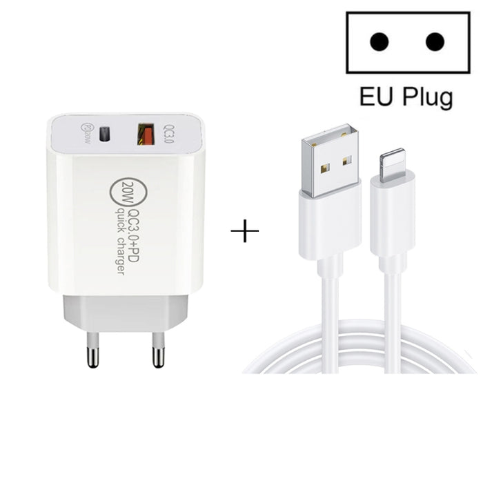 20W PD Type-C + QC 3.0 Interfaz USB Cargador de viaje de carga rápida con USB a cable de datos de carga rápida de 8 pines, EU Plug, US Plug, AU Plug