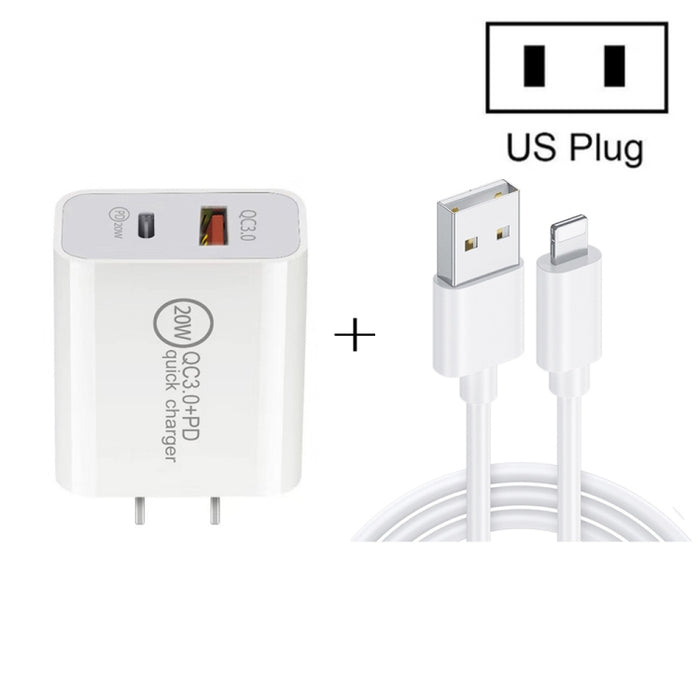 20W PD Type-C + QC 3.0 Interfaz USB Cargador de viaje de carga rápida con USB a cable de datos de carga rápida de 8 pines, EU Plug, US Plug, AU Plug