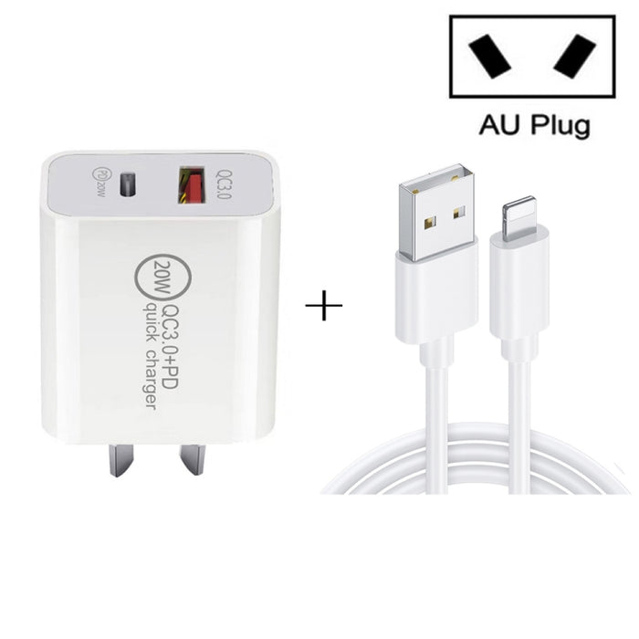20W PD Type-C + QC 3.0 Interfaz USB Cargador de viaje de carga rápida con USB a cable de datos de carga rápida de 8 pines, EU Plug, US Plug, AU Plug