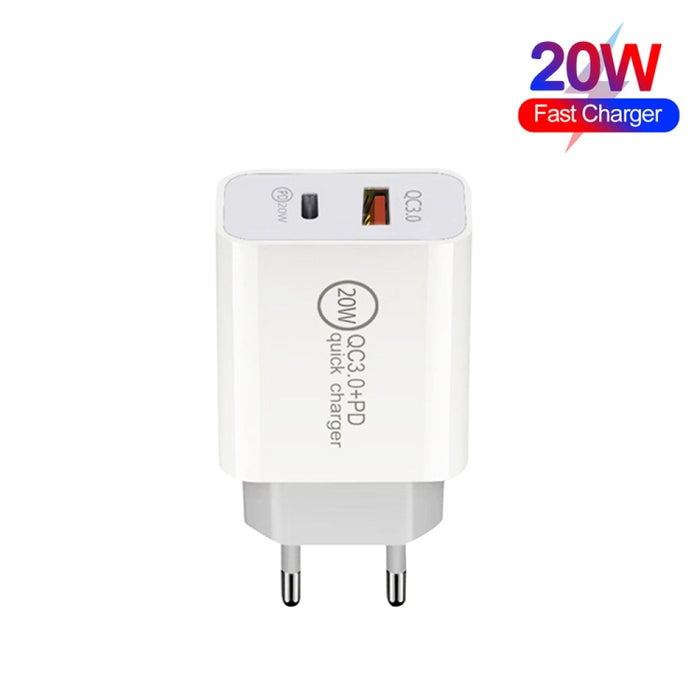 20W PD Type-C + QC 3.0 Interfaz USB Cargador de viaje de carga rápida con USB-C / Type-C a cable de datos de carga rápida de 8 pines, EU Plug, US Plug, AU Plug