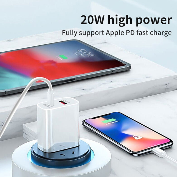 20W PD Type-C + QC 3.0 Interfaz USB Cargador de viaje de carga rápida con USB-C / Type-C a cable de datos de carga rápida de 8 pines, EU Plug, US Plug, AU Plug