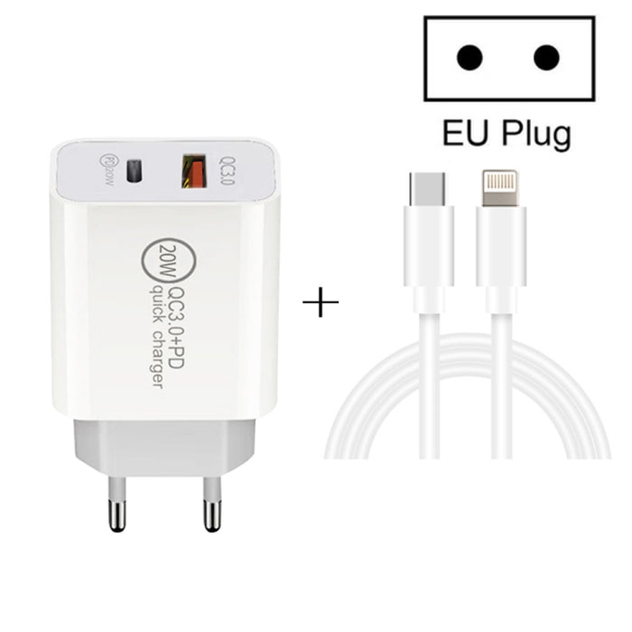 20W PD Type-C + QC 3.0 Interfaz USB Cargador de viaje de carga rápida con USB-C / Type-C a cable de datos de carga rápida de 8 pines, EU Plug, US Plug, AU Plug
