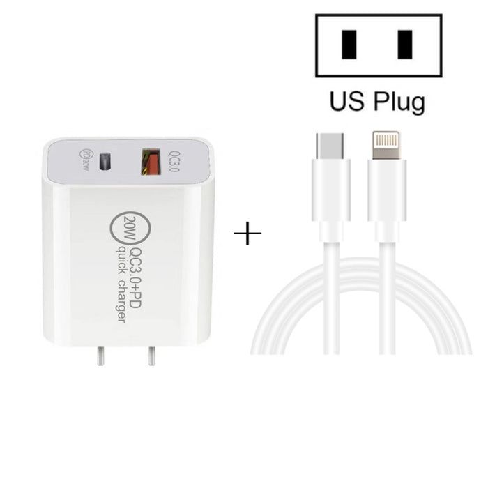 20W PD Type-C + QC 3.0 Interfaz USB Cargador de viaje de carga rápida con USB-C / Type-C a cable de datos de carga rápida de 8 pines, EU Plug, US Plug, AU Plug