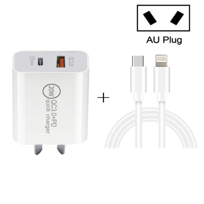 20W PD Type-C + QC 3.0 Interfaz USB Cargador de viaje de carga rápida con USB-C / Type-C a cable de datos de carga rápida de 8 pines, EU Plug, US Plug, AU Plug