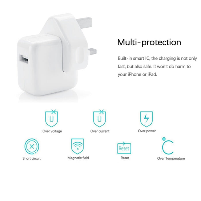 Cargador USB de 12 W + cable de datos USB a 8 pines para iPad / iPhone / iPod Series, enchufe británico