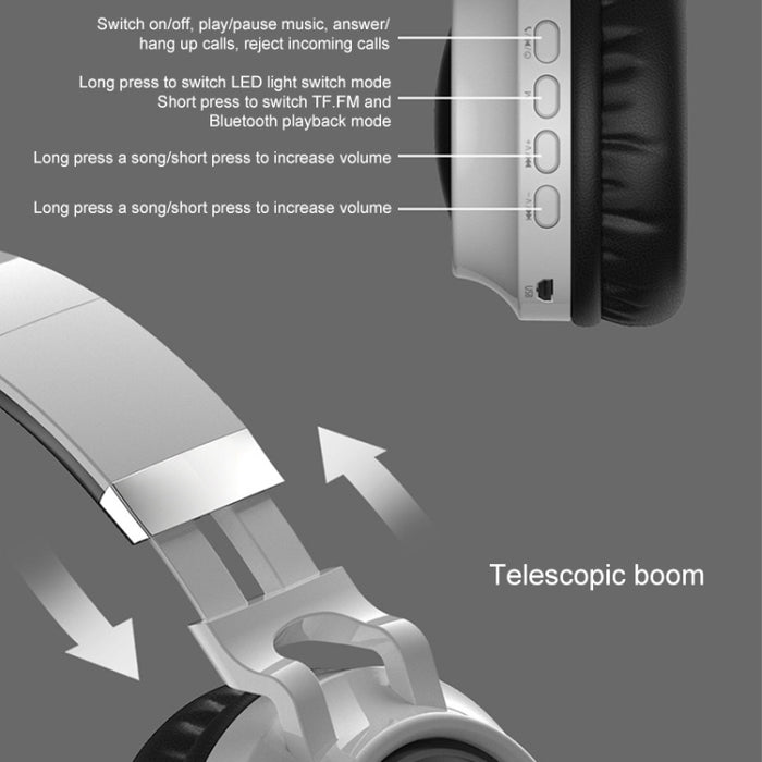 Auriculares coloridos LED Bluetooth 5.0 Auriculares estéreo HiFi inalámbricos plegables con micrófono, compatible con tarjeta TF / AUX de 3,5 mm